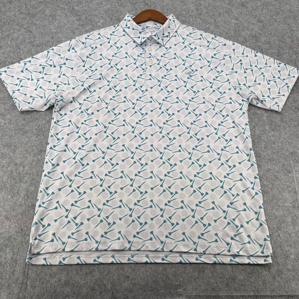 American Fit Mens Golf Tee Print Polo Shirt XL White Teal Short Sleeve Stretch